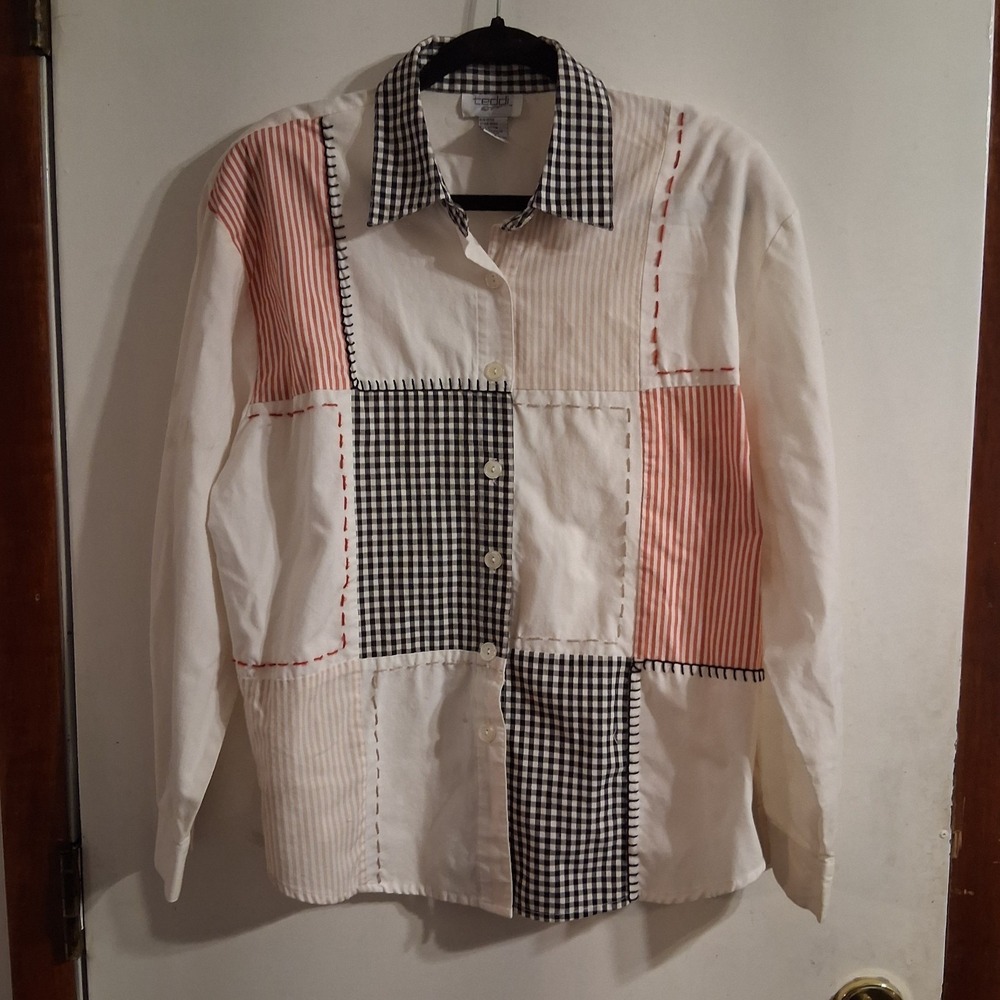 VTG 80s 90s Teddi Color Block Shirt L Red Black White Artsy Boho Chic‎